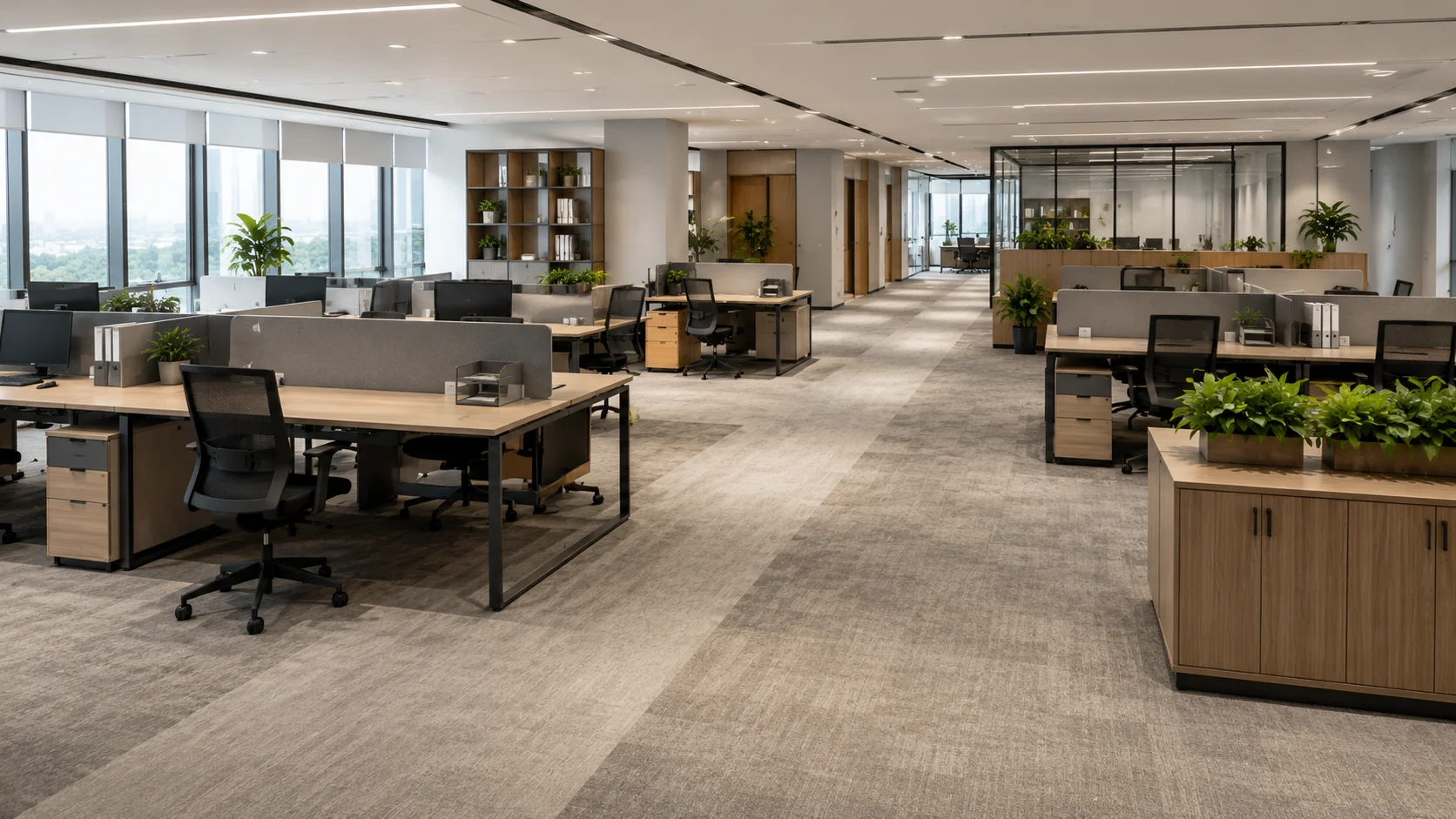 Layout workstation kantor dengan sirkulasi ruang yang efisien