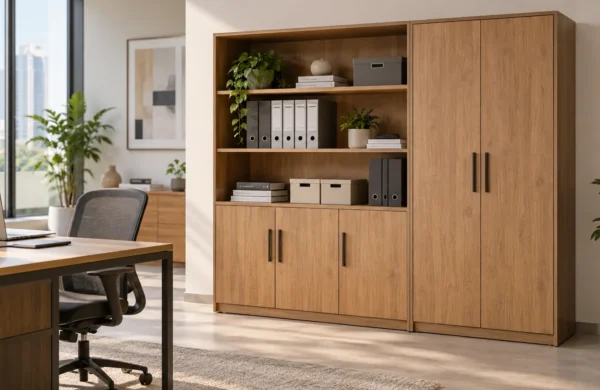 Lemari arsip kayu untuk kantor modern dengan rak penyimpanan dokumen dan pintu kabinet