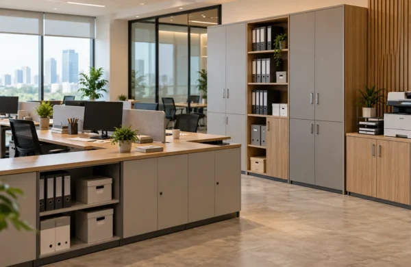 Lemari dokumen kantor modern dengan kabinet rendah dan kabinet tinggi di area kerja