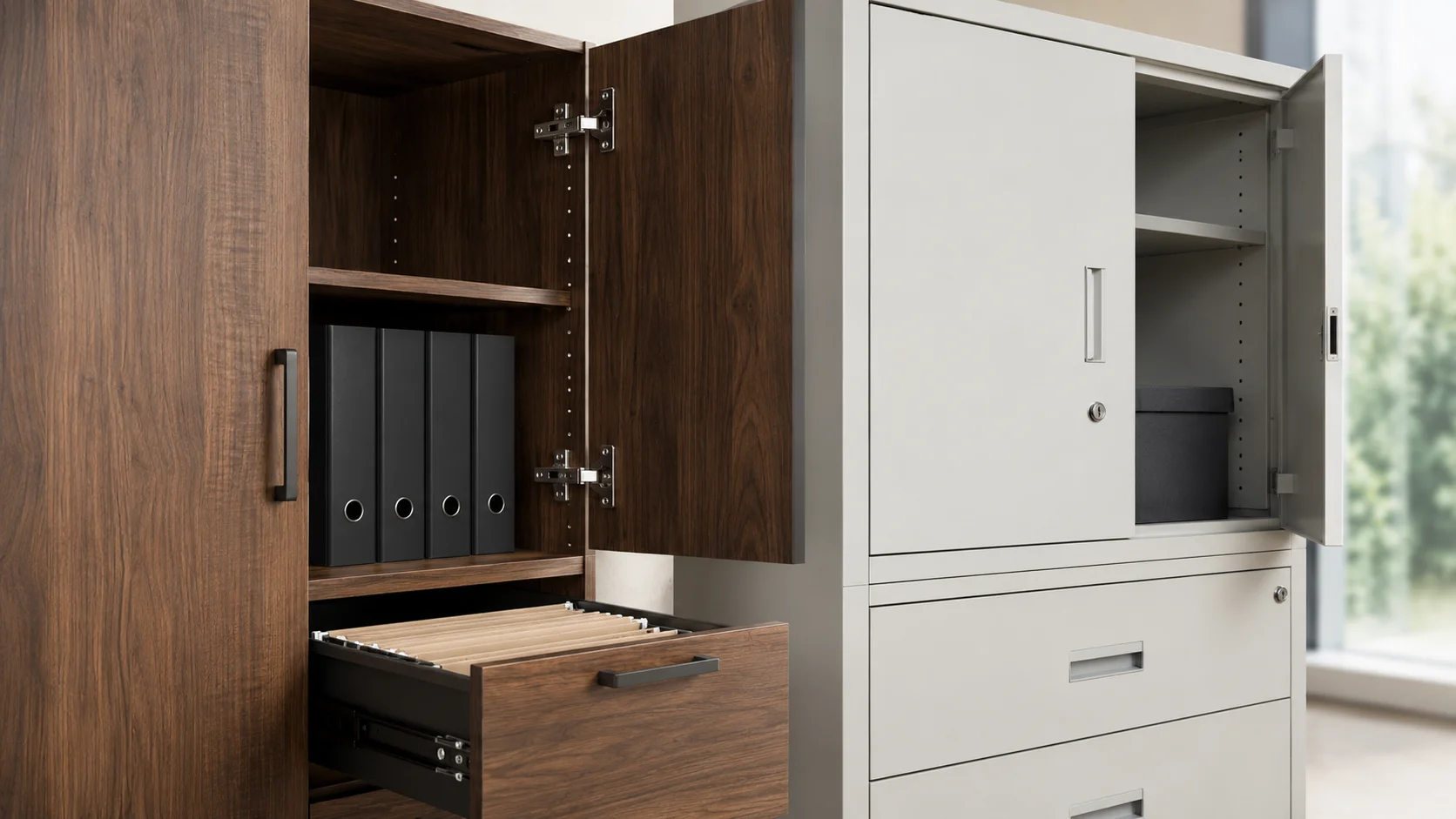 Detail material, engsel, rel laci dan konstruksi lemari dokumen kayu dan metal