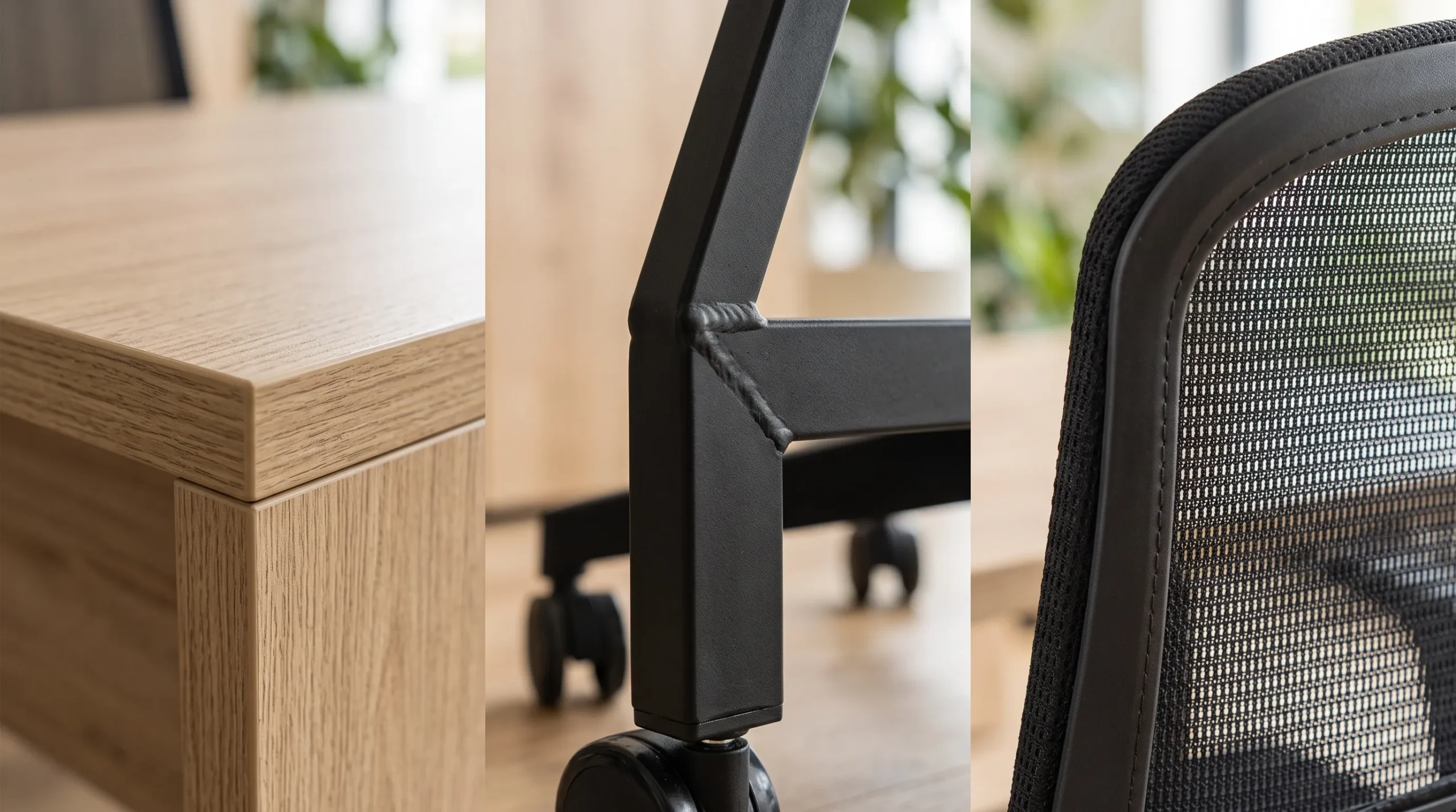 Detail material furniture kantor dari panel HPL, rangka metal, dan kain mesh