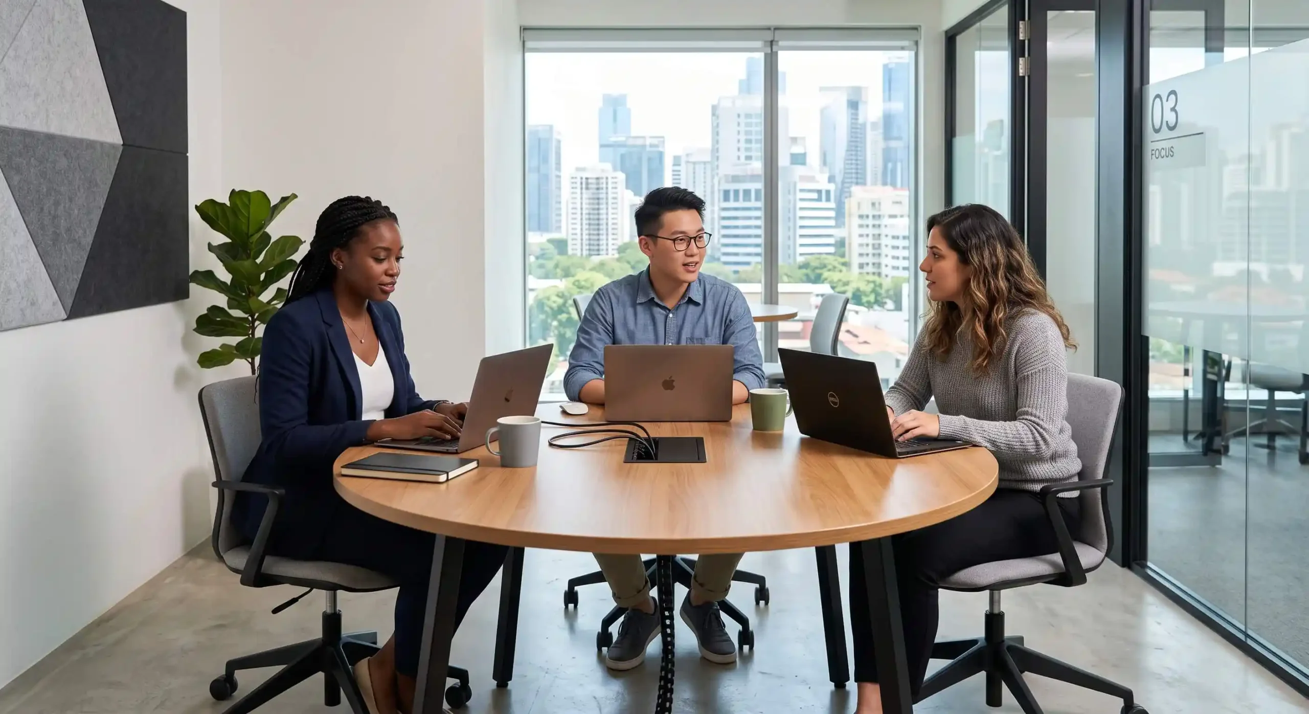 Desain meja rapat bundar minimalis dengan fitur cable management untuk ruang huddle.