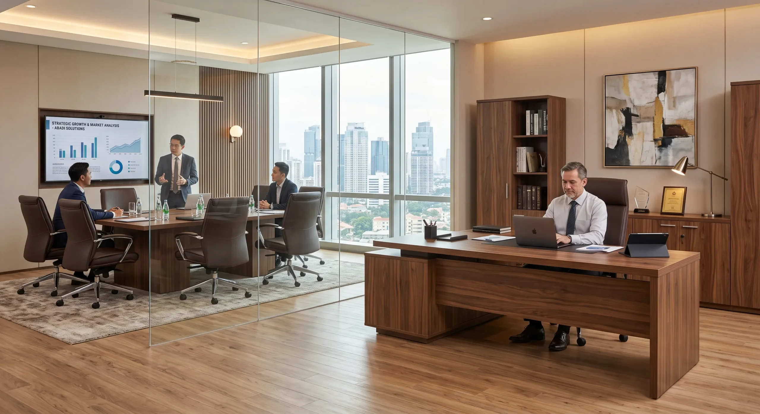 Meja direktur eksekutif dan meja meeting dengan material premium