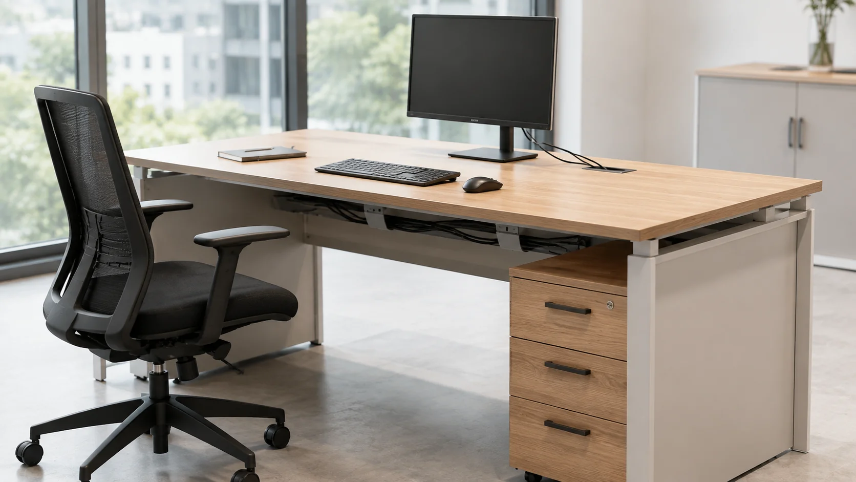 Meja kantor ergonomis dengan cable management yang rapi