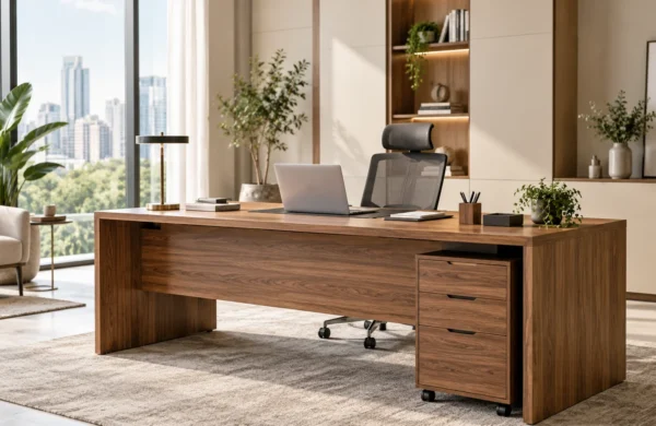 Meja kantor kayu modern dengan kursi ergonomis di ruang kerja profesional