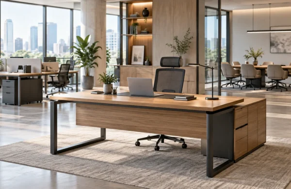 Meja kantor modern dengan desain kayu, kursi ergonomis, dan area kerja profesional