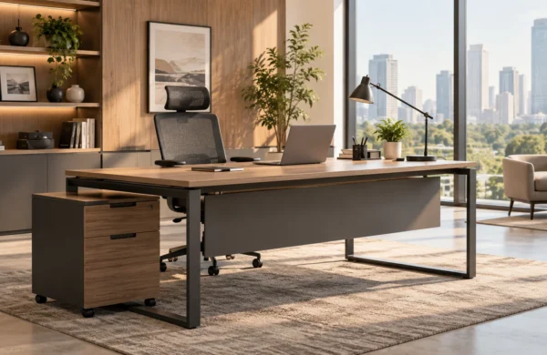 Meja kantor modern dengan kursi ergonomis dan storage di ruang kerja profesional