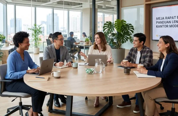 Suasana kolaboratif tim menggunakan meja rapat bundar HPL di ruang kantor modern.