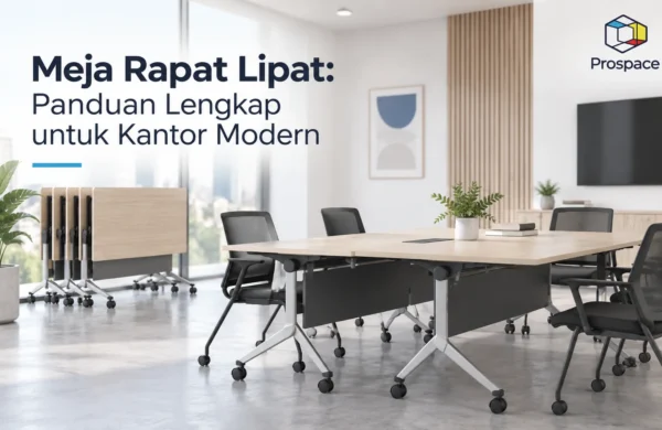 Meja rapat lipat modular dengan roda dan kursi kantor ergonomis di ruang meeting modern, dilengkapi logo Prospace.