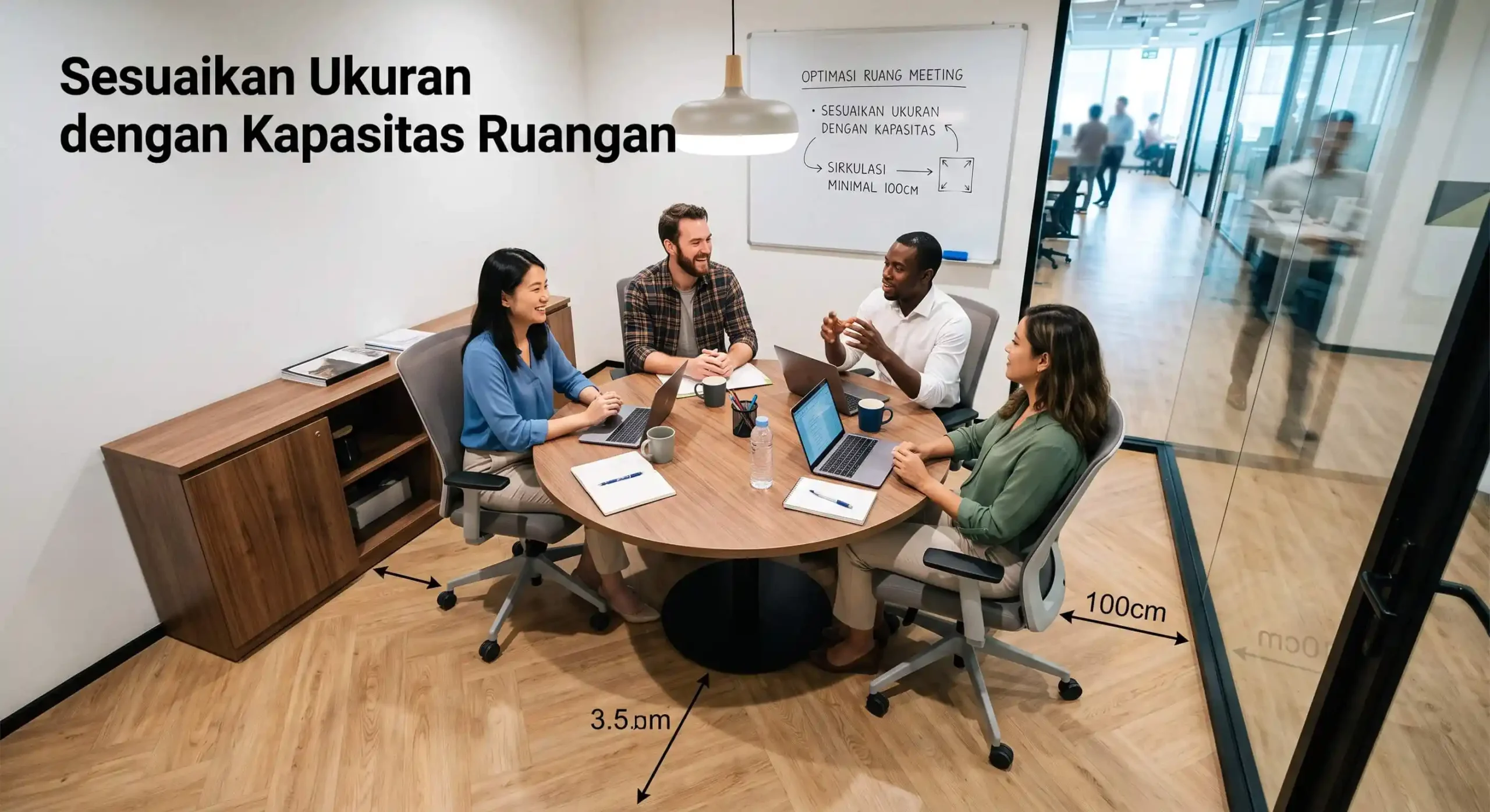 Ilustrasi jarak ideal dan proporsi ukuran meja rapat bundar terhadap kapasitas ruangan.