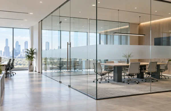 Partisi kaca minimalis untuk ruang kantor modern dengan desain frameless