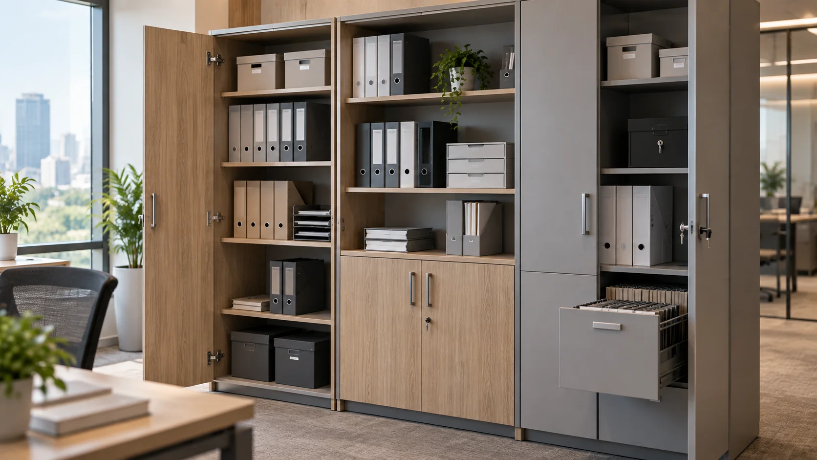 Penataan arsip kantor dengan folder, box arsip dan kompartemen lemari dokumen berkunci