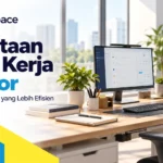 Penataan meja kerja kantor modern dengan monitor, keyboard, storage, dan perlengkapan kerja yang rapi