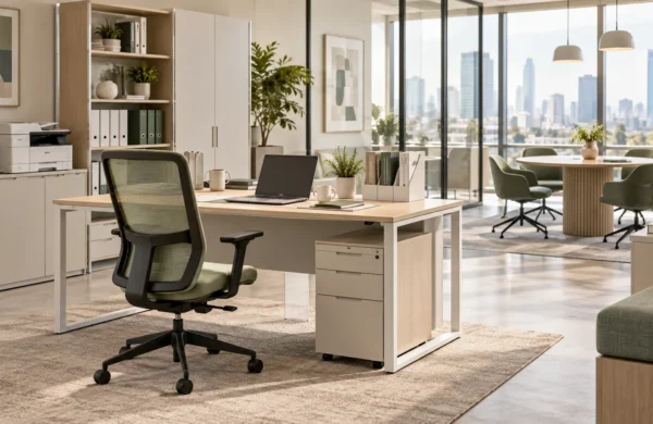 Perabot kantor untuk ruang kerja modern dengan meja kerja, kursi ergonomis, kabinet, dan area meeting