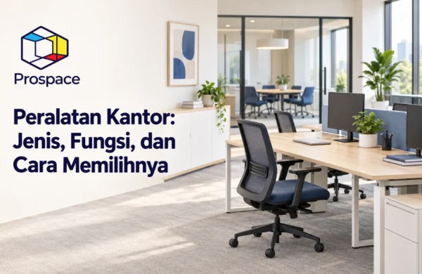Featured image peralatan kantor Prospace dengan meja kerja, kursi ergonomis, dan ruang meeting modern.