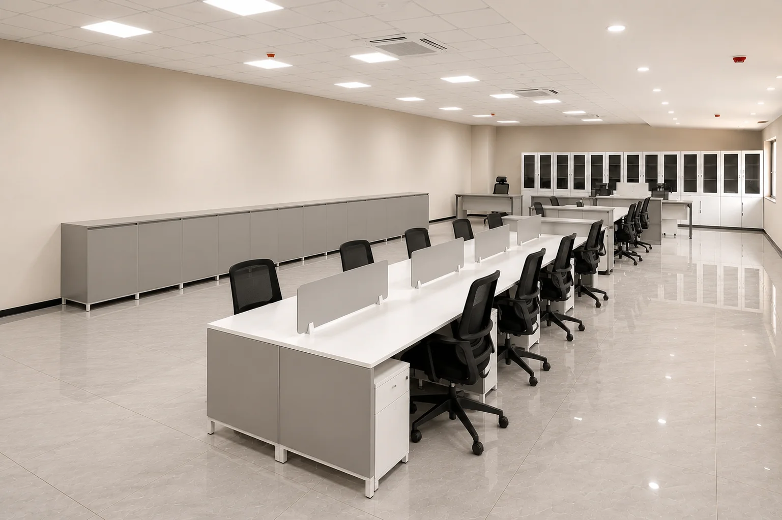 Area kerja proyek Aura dengan deretan workstation dan kabinet penyimpanan