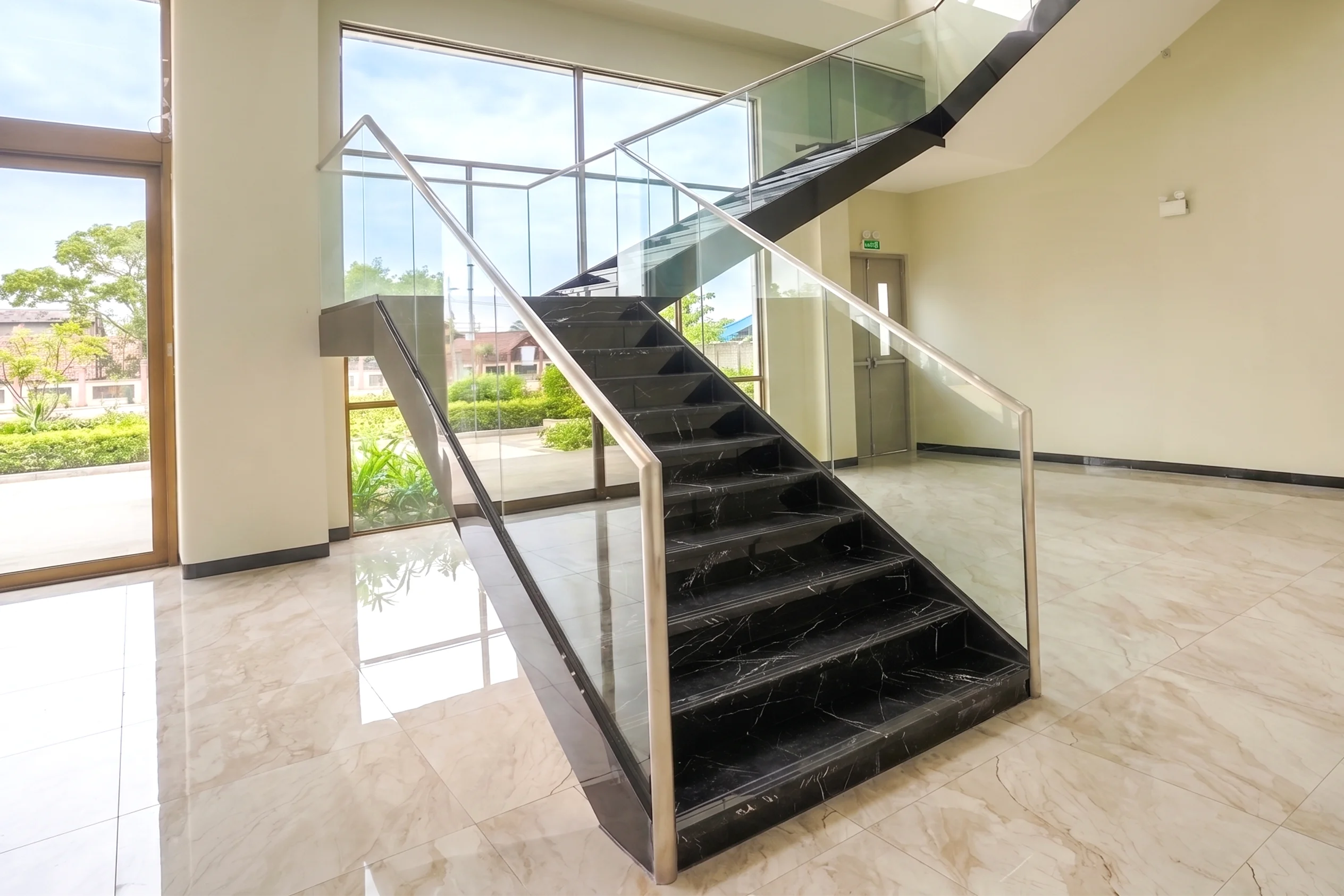 Area lobi proyek Aura dengan tangga dan railing kaca