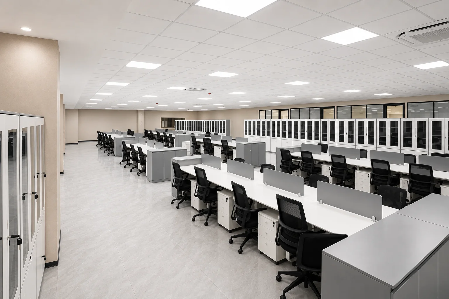 Deretan workstation karyawan pada area kantor proyek Aura