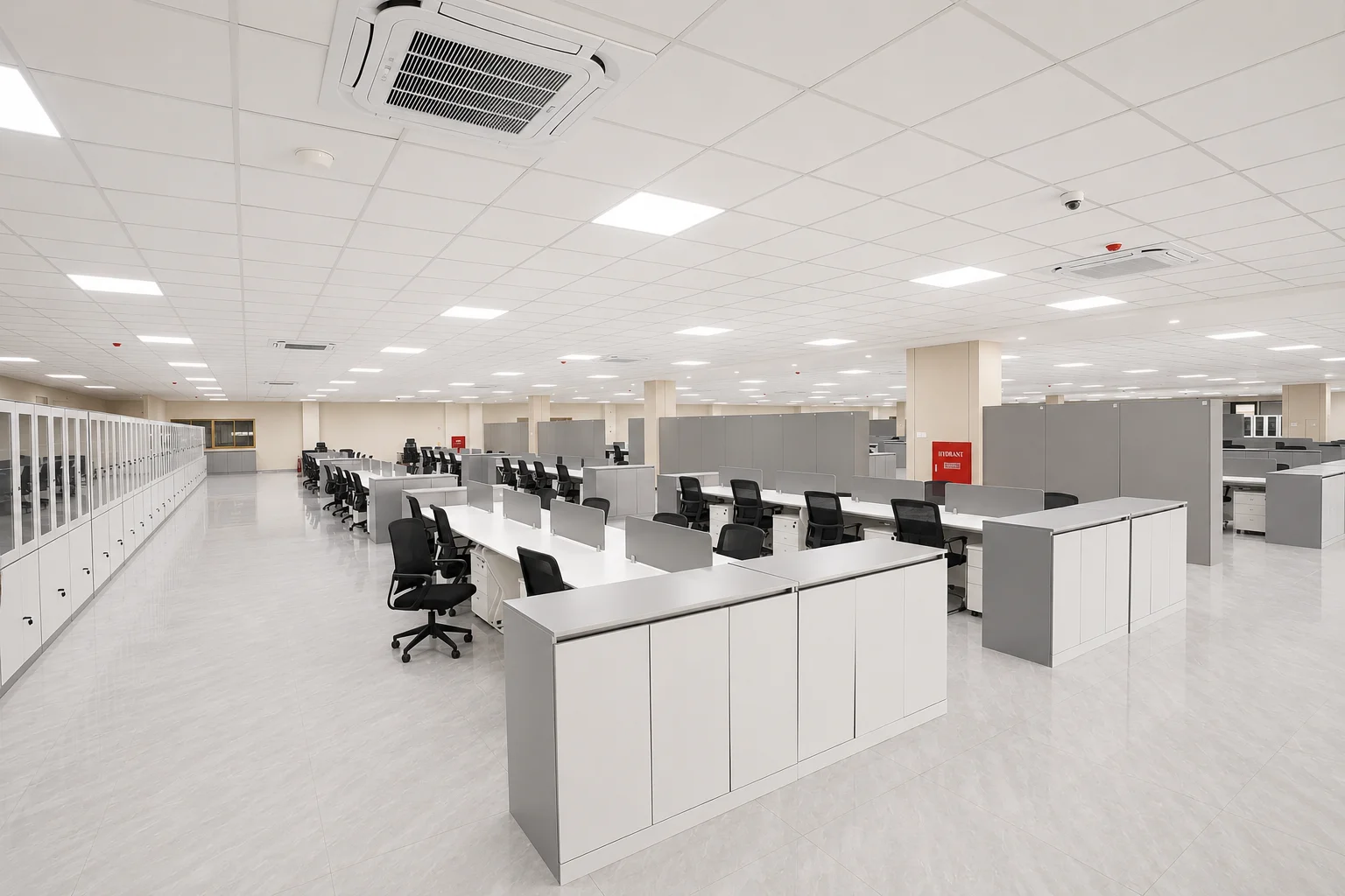Area workstation proyek Aura dengan kabinet penyimpanan di ruang kantor terbuka