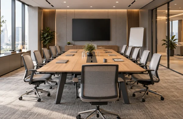 Tata letak ruang rapat modern dengan meja meeting panjang, kursi kantor ergonomis, layar presentasi, dan pencahayaan profesional.