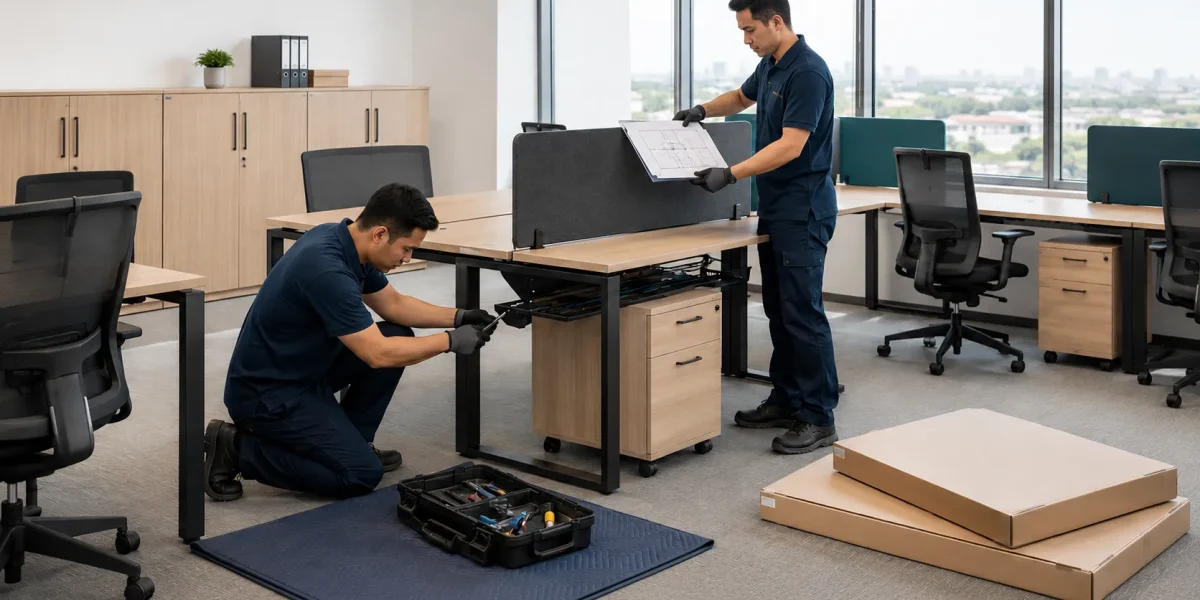 Teknisi profesional melakukan pemasangan furnitur kantor